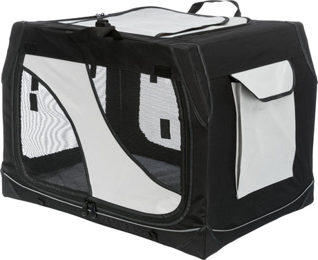 Schwarze und weiße tragbare Transportbox mit Netzeinsätzen und Griff.