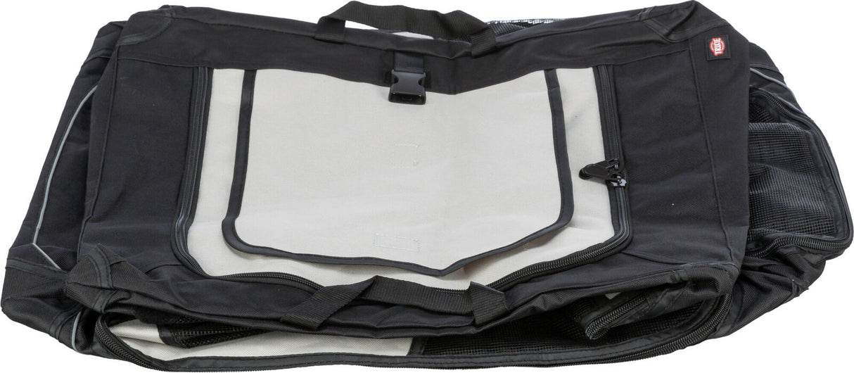 Schwarze Tasche mit grauem Einsatz, Tragegriff und Reißverschlüssen, aufgeschlagen und flach liegend.