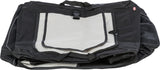 Schwarze Tasche mit grauem Einsatz, Tragegriff und Reißverschlüssen, aufgeschlagen und flach liegend.