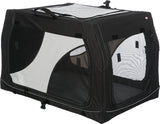 Schwarze und weiße Transportbox mit Netzfenstern und Tragegriff oben.