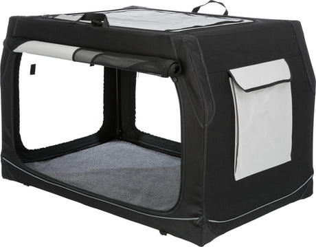 Schwarze, rechteckige Transportbox mit Netzfenstern und Tragegriff, graue Ecken und einseitige Tasche.