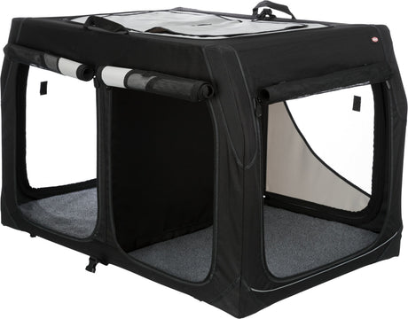 Schwarze, rechteckige Transportbox mit Netzfenstern und grauem Innenboden, oben mit Traggriff ausgestattet.