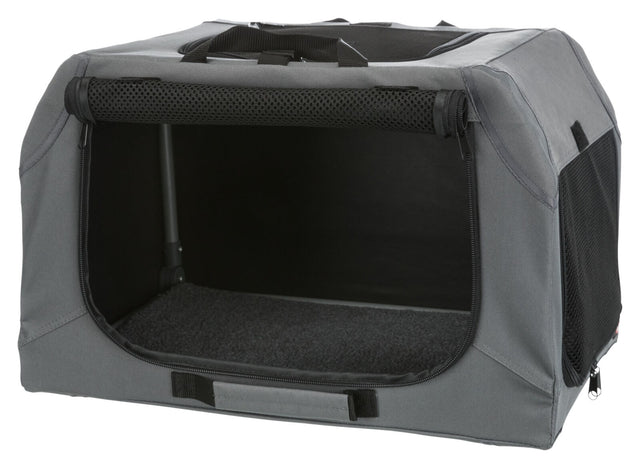 Graue Transportbox mit Netzgewebe an einer Seite und Griffen auf der Oberseite, Reißverschluss-Öffnung vorne.