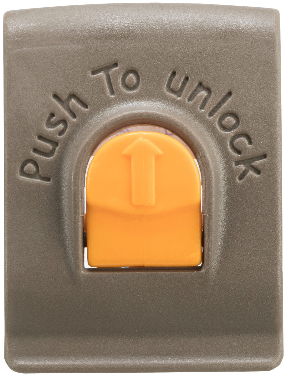 Graue Klammer mit orangenem Schieber und "Push to unlock"-Text in erhabenen Buchstaben auf der Oberfläche.