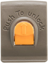 Graue Klammer mit orangenem Schieber und "Push to unlock"-Text in erhabenen Buchstaben auf der Oberfläche.
