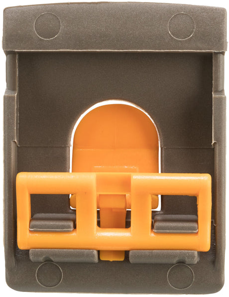 Graue und orange Kunststoffklammer in rechteckiger Form mit zwei runden Noppen oben.