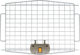 Metallgitter mit quadratischem Muster und grauem Verschlussmechanismus, gelber Schalter zentral unten.