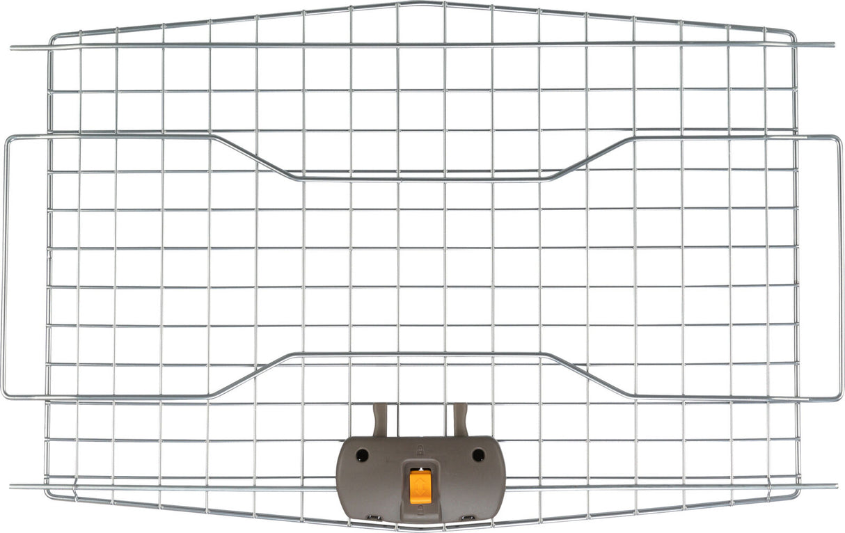 Metallgitter mit grauem Kunststoffverschluss und gelbem Schiebemechanismus in der Mitte, rechteckige Form.