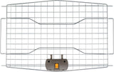 Metallgitter mit grauem Kunststoffverschluss und gelbem Schiebemechanismus in der Mitte, rechteckige Form.