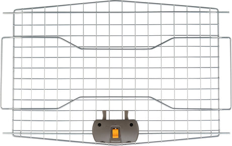 Metallgitter mit grauem Kunststoffverschluss und gelbem Schiebemechanismus in der Mitte, rechteckige Form.