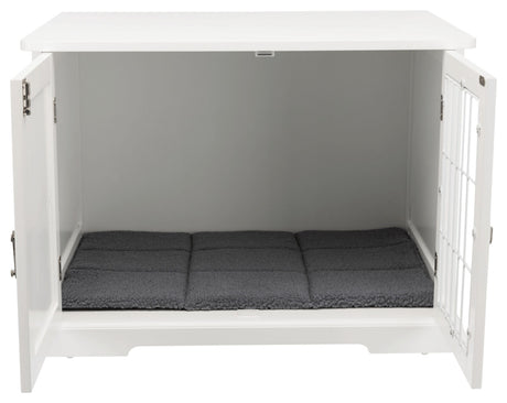 Weiße Box mit offenem Gittertürchen und grauem gepolstertem Boden im Inneren.