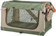 Tragbare Transportbox, rechteckig, beige und grün mit Netzfenstern und orangenen Kordelzügen.
