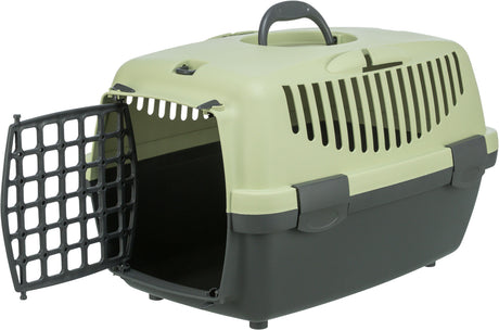 Transportbox aus Kunststoff mit Griff und Lüftungsschlitzen, geöffnete Gittertür, zweifarbig in Beige und Dunkelgrau.