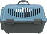 Transportbox in Blau und Grau mit Lüftungsschlitzen und Tragegriff oben.