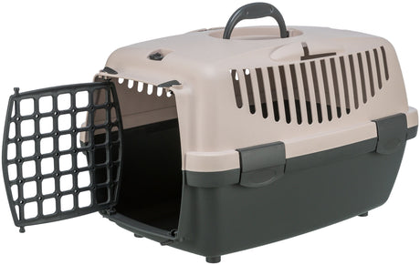 Kunststoff-Transportbox mit schwarzer Gittertür und Tragegriff in Beige und Dunkelgrau, für Haustiere.