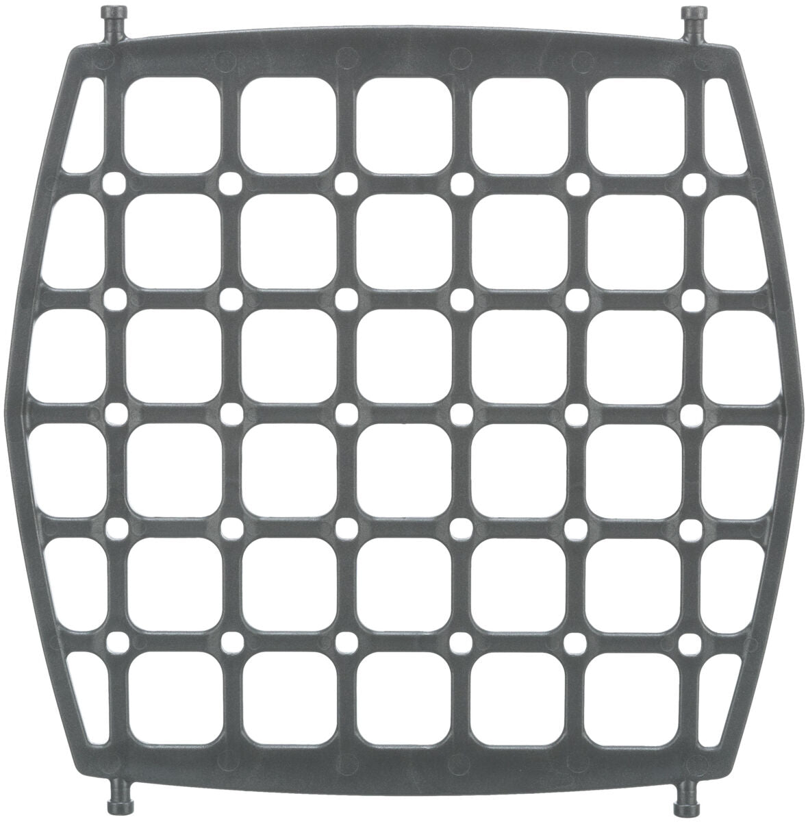 Schwarzes, rechteckiges Gitter mit abgerundeten Ecken und gleichmäßigen, quadratischen Öffnungen.