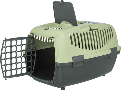 Grüne Transportbox mit schwarzem Gittertürchen und einer oberen Klappe, geeignet für den Transport kleiner Tiere.