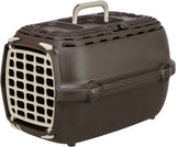 Braune Transportbox mit cremefarbenem Gitter an der Vorderseite und Tragegriff oben.