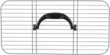 Gitter aus grauem Metall mit schwarzem Griff in der Mitte, horizontale und vertikale Streben, rechteckige Form.