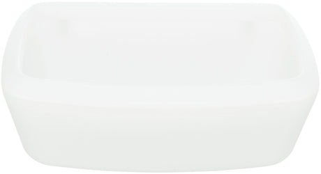 Weiße, rechteckige Kunststoffschale mit abgerundeten Ecken und glatter Oberfläche, stilvoll minimalistisch.