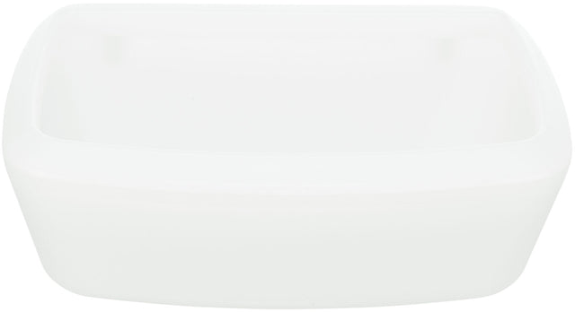 Weiße, rechteckige Kunststoffschale mit abgerundeten Ecken und glatter Oberfläche, stilvoll minimalistisch.