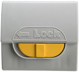 Graues Gehäuse mit gelbem Schieber und eingraviertem "Lock"-Text sowie Pfeil nach links auf der Oberfläche.