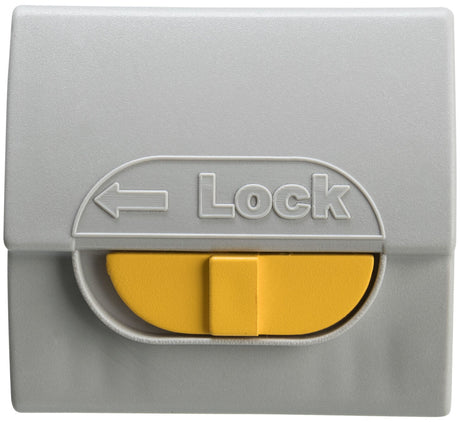 Graues Gehäuse mit gelbem Schieber und eingraviertem "Lock"-Text sowie Pfeil nach links auf der Oberfläche.