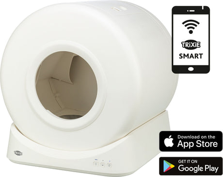 Rundes weißes Gerät mit Eingangsöffnung, daneben Smartphone-Symbol mit Text "TRiXiE SMART" und App-Store-Logos.