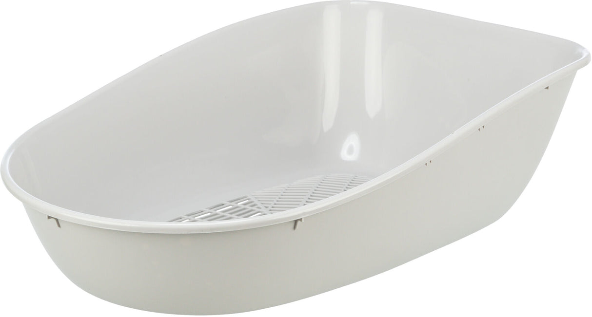 Weiße, offene Katzentoilette ohne Haube mit integriertem Gitterboden.