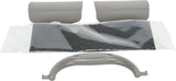Grau-schwarzes Set mit Kunststoffteil, zwei grauen Rollen und einer schwarzen Matte in transparenter Verpackung.