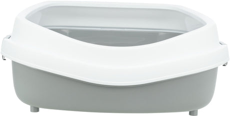 Offene Katzentoilette in Grau und Weiß mit erhöhtem Rand und abgerundeten Ecken.