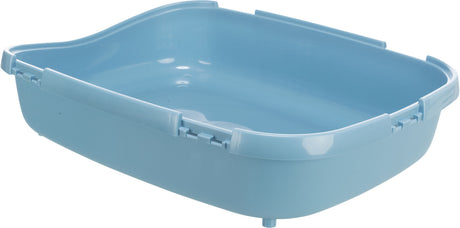 Rechteckige, offene, hellblaue Katzentoilette ohne Haube mit erhöhten Seitenwänden und abgerundeten Ecken.