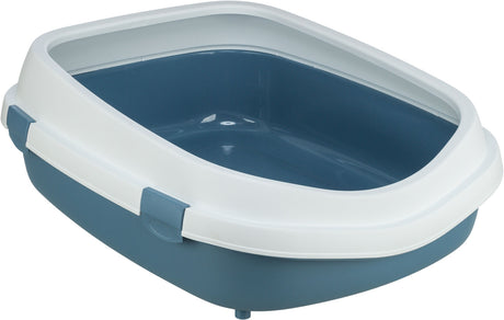 Offene Katzentoilette in Blau und Weiß mit abnehmbarem Rand und abgerundeten Ecken.