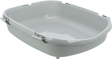 Graue, offene Katzentoilette aus Kunststoff mit ovaler Form und abgerundeten Ecken sowie Verschlussklammern.