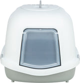 Geschlossene Katzentoilette mit Haube in Weiß und Grau, sichtbar mit transparenter Tür auf der Vorderseite.