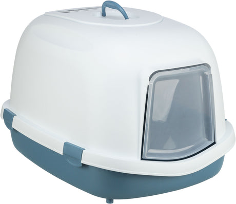 Geschlossene Katzentoilette in Weiß und Blau mit transparentem Schwingtürchen und integriertem Tragegriff.