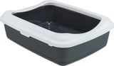 Schwarze Katzentoilette mit weißem Rand, offen und rechteckig.