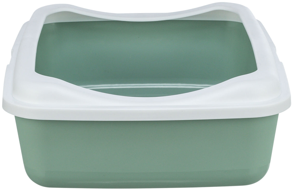 Grüne Katzentoilette mit weißem Rand, offene Form, aus Plastik, ohne Haube.