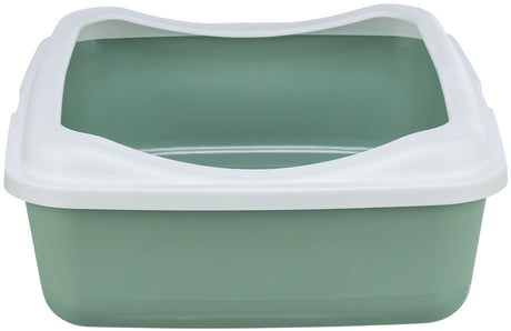 Grüne Katzentoilette mit weißem Rand, offene Form, aus Plastik, ohne Haube.