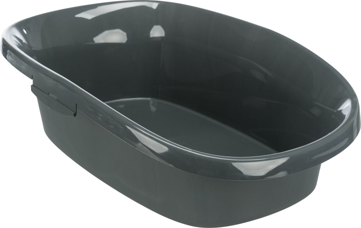 Eine dunkelgraue, ovale Schale mit erhöhtem Rand und glatter Oberfläche.