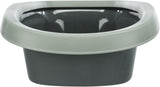 Graue, offene Katzentoilette mit erhöhtem Rand und ovaler Form.