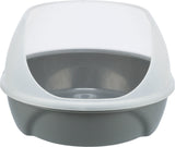 Geschlossene Katzentoilette mit grauer Basis und halbtransparenter Haube.