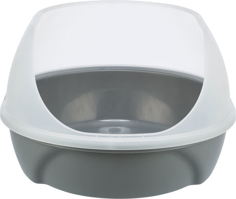 Geschlossene Katzentoilette mit grauer Basis und halbtransparenter Haube.