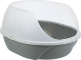 Geschlossene Katzentoilette in grauem Unterteil mit weißem transparentem Deckel.