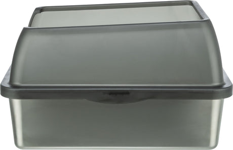 Katzentoilette mit Haube in grauer Farbe, rechteckige Form, aus Kunststoff, leicht transparent und blickdicht.