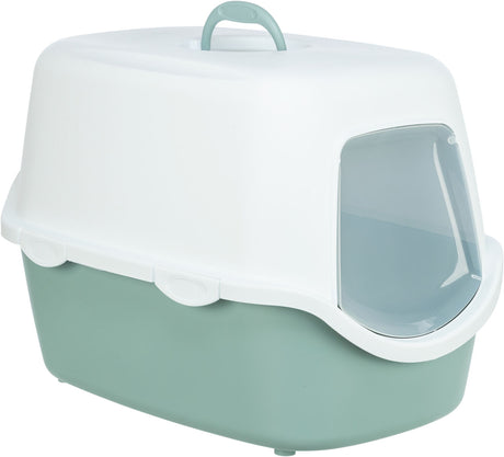 Geschlossene Katzentoilette mit Haube in Weiß und Grün, mit transparentem Eingang und Tragegriff oben.