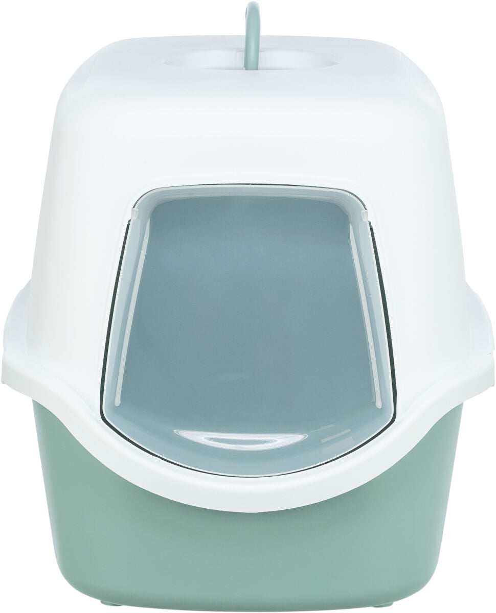 Geschlossene Katzentoilette mit Haube in Weiß und Grün, Vorderseite mit halbtransparenter Klappe.
