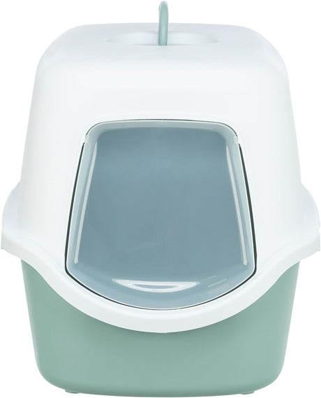Geschlossene Katzentoilette mit Haube in Weiß und Grün, Vorderseite mit halbtransparenter Klappe.