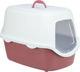 Geschlossene Katzentoilette in Weiß und Rot mit transparenter Schwingtür und rotem Tragegriff oben.