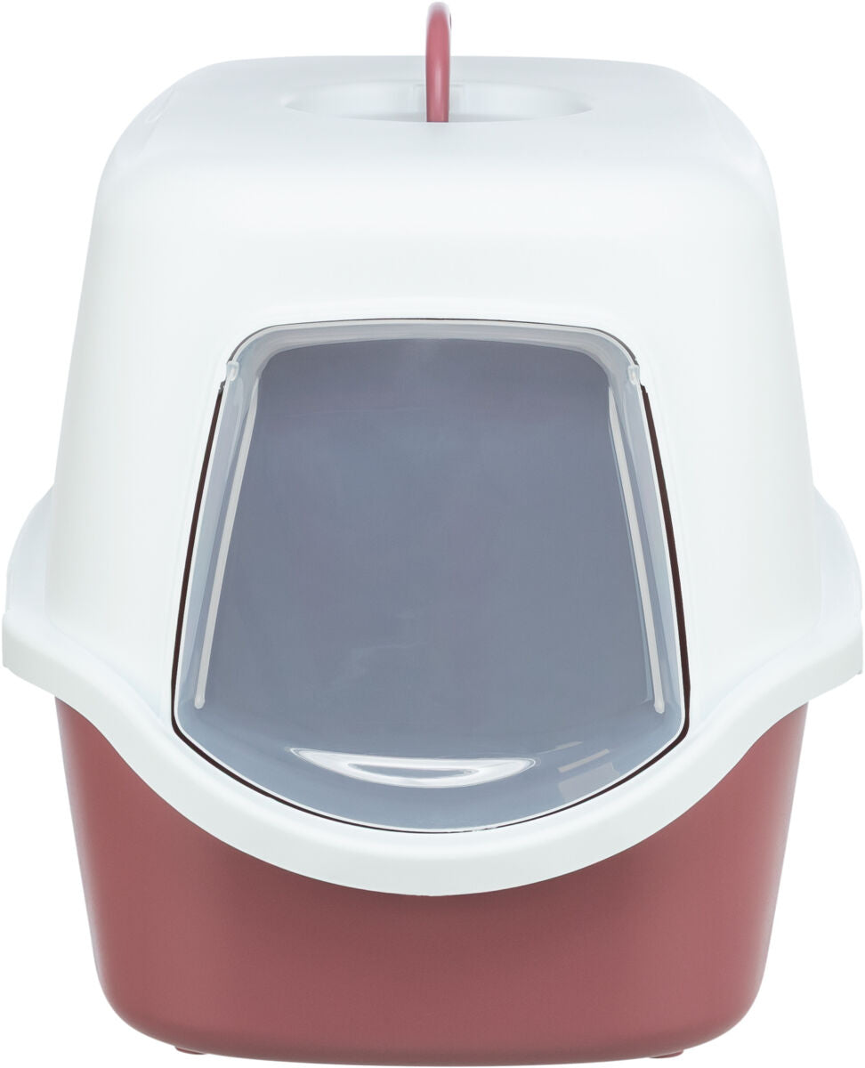 Katzentoilette mit Haube in Weiß und Rot, mit einer transparenten Schwingtür vorne.